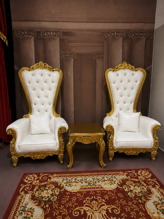 King and Queen Throne Chairs w/ Table - White
